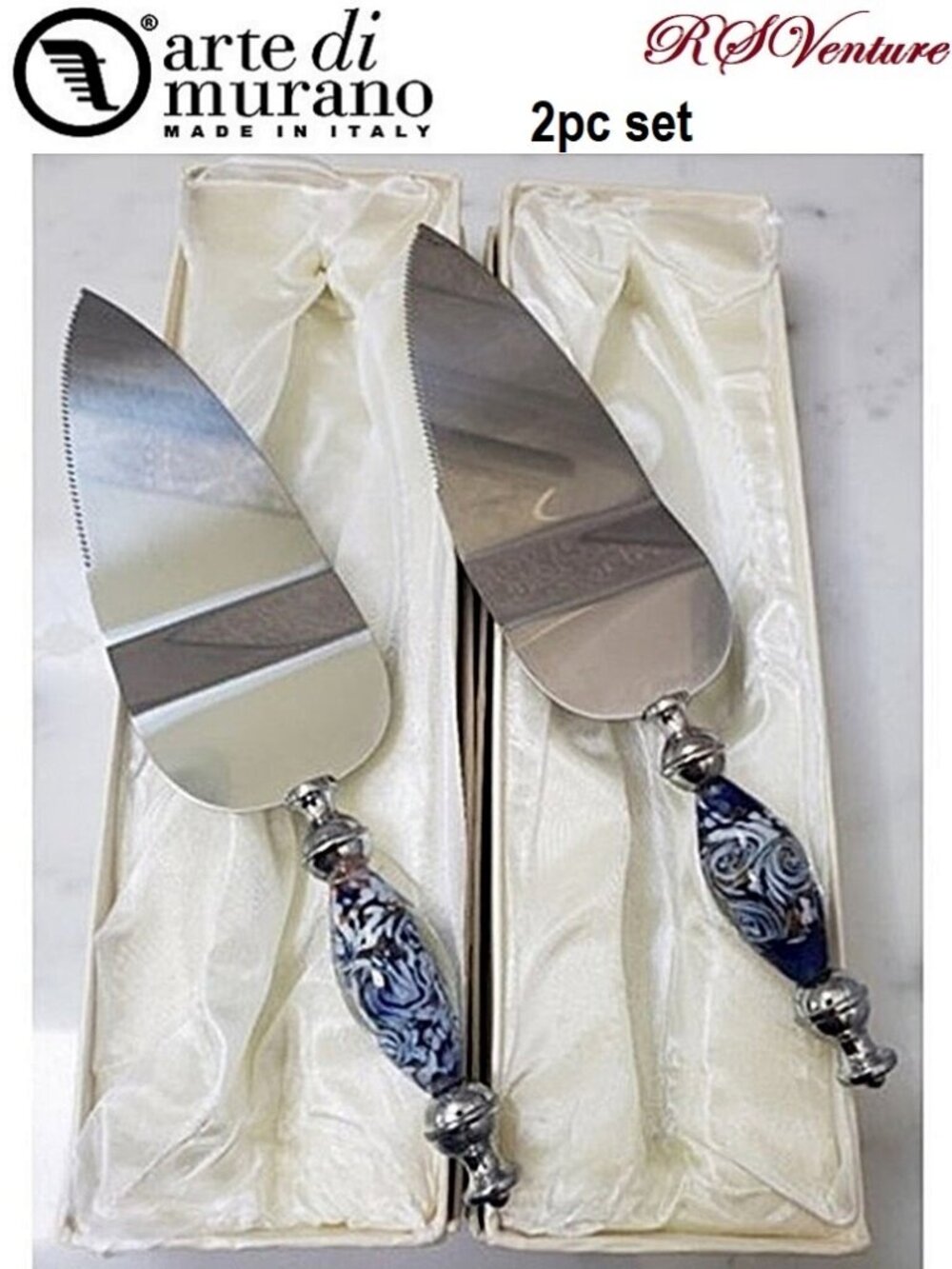 2 Murano Art Blue and White Cake Server